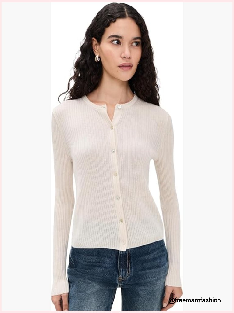 Ribbed Cashmere Cardigan Long Sleeve Crew Neck Fitted